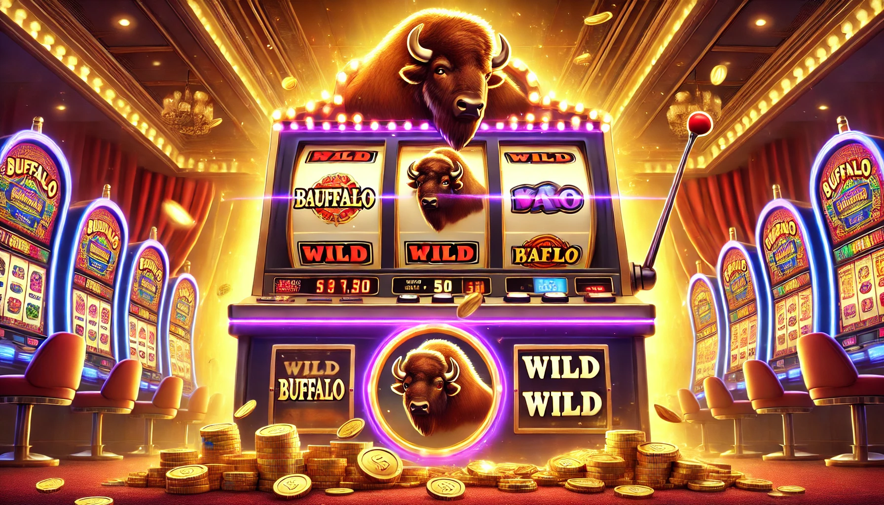 Buffalo-themed slot machine with glowing reels, gold coins, and wild symbols in a vibrant casino setting