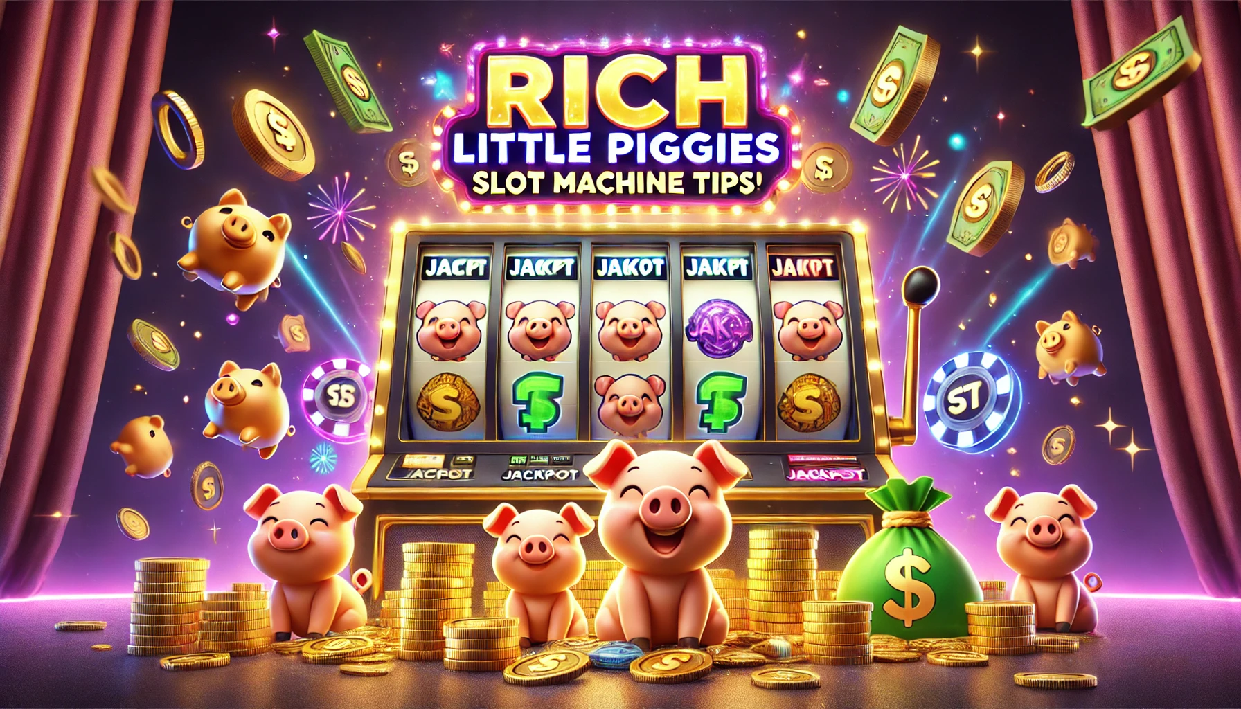 Rich Little Piggies slot machine with cartoon piggies, coins, and jackpot symbols, set in a vibrant casino-themed background.