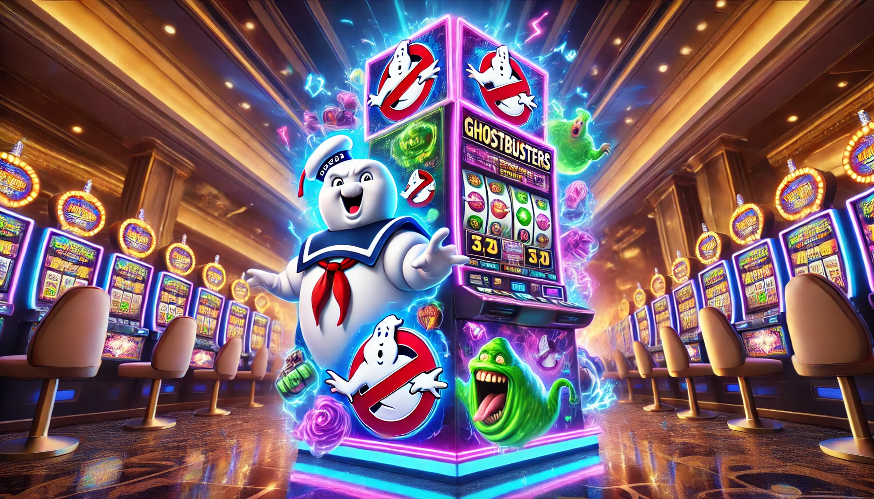 Ghostbusters slot machine with vibrant neon lights, featuring Slimer and Stay Puft Marshmallow Man, in a glowing casino setting.